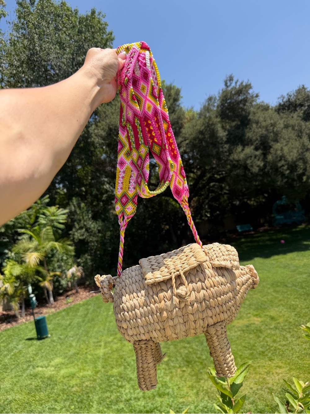 Artisan Handwoven Straw Pig Crossbody Bag with Pink Multicolor Strap